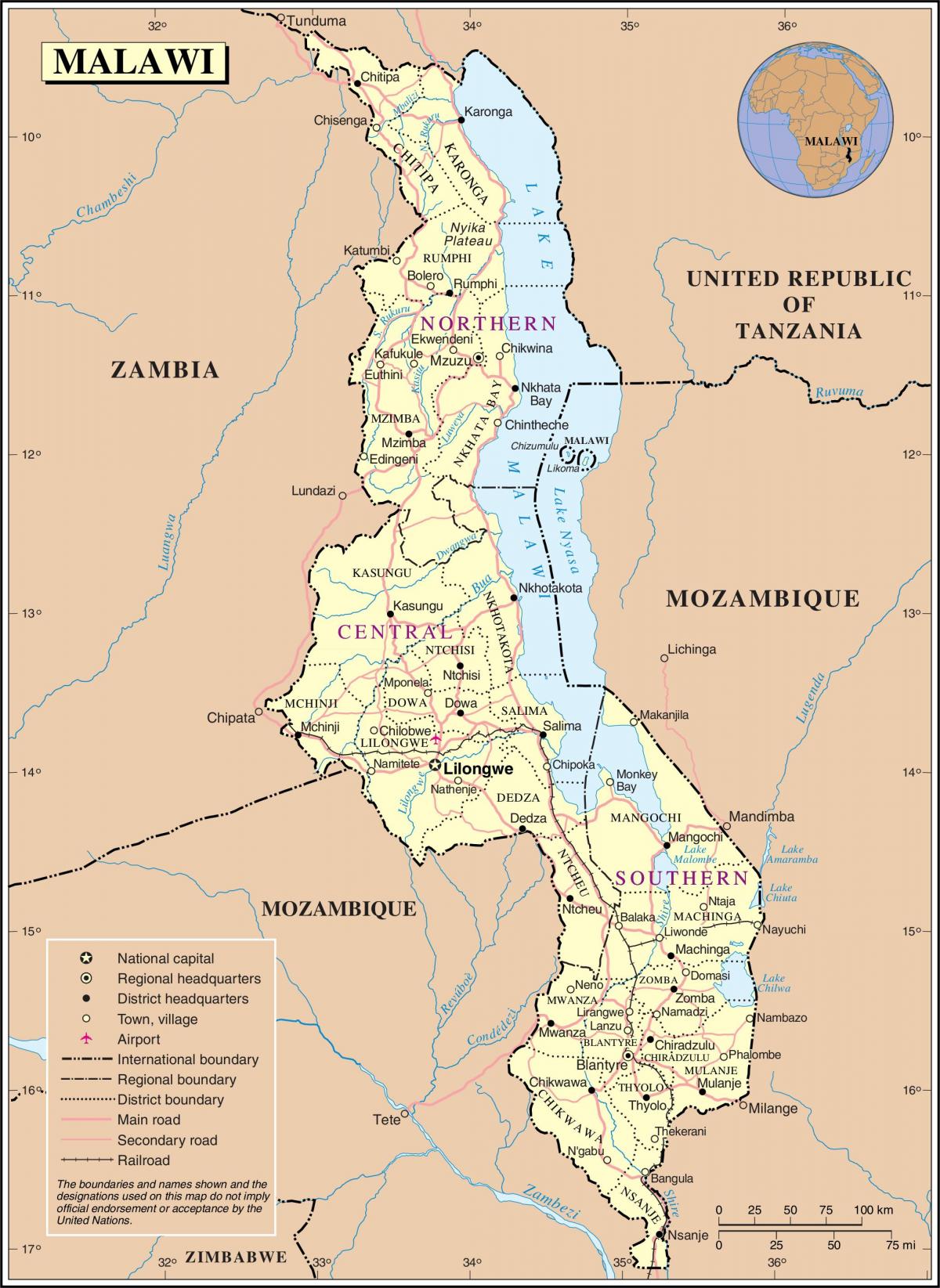 map of Malawi showing roads