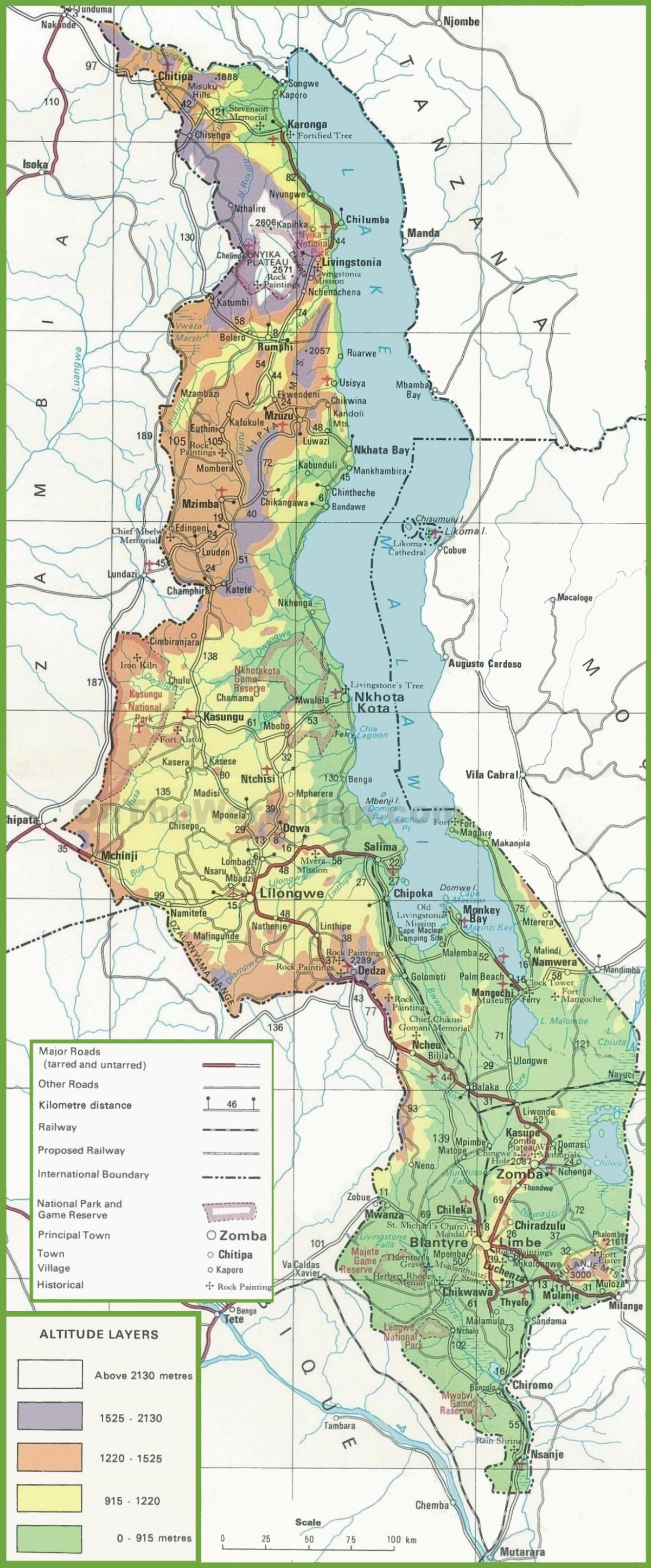 map of physical map of Malawi